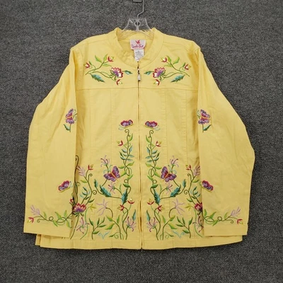 Quacker Factory Jacket Womens XL Yellow Full Zip Stretch Butterfly Embroidered - Image 1 of 4