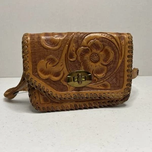 Vintage hand tooled floral tan leather clutch Country Western Style Cowgirl. - Picture 1 of 20