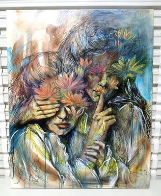 Pintura de retrato de mídia mista original Sophia Leigh arte figurativa feminina 24x30 - Imagem 1 de 3