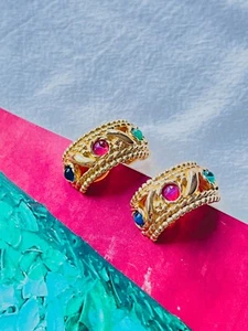 Christian Dior Vintage Gripoix Emerald Sapphire Ruby Dome Half Hoop Earrings - Picture 1 of 12