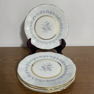 Morning Mist By Northumbria 4 Salad Plates Gold Rim Blue Gray Flower Leaves - Picture 1 of 6