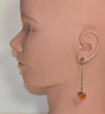 Vintage con Timbro 925 Argento Sterling Pendente Ambra Forma Cuore Orecchini - Immagine 1 di 3