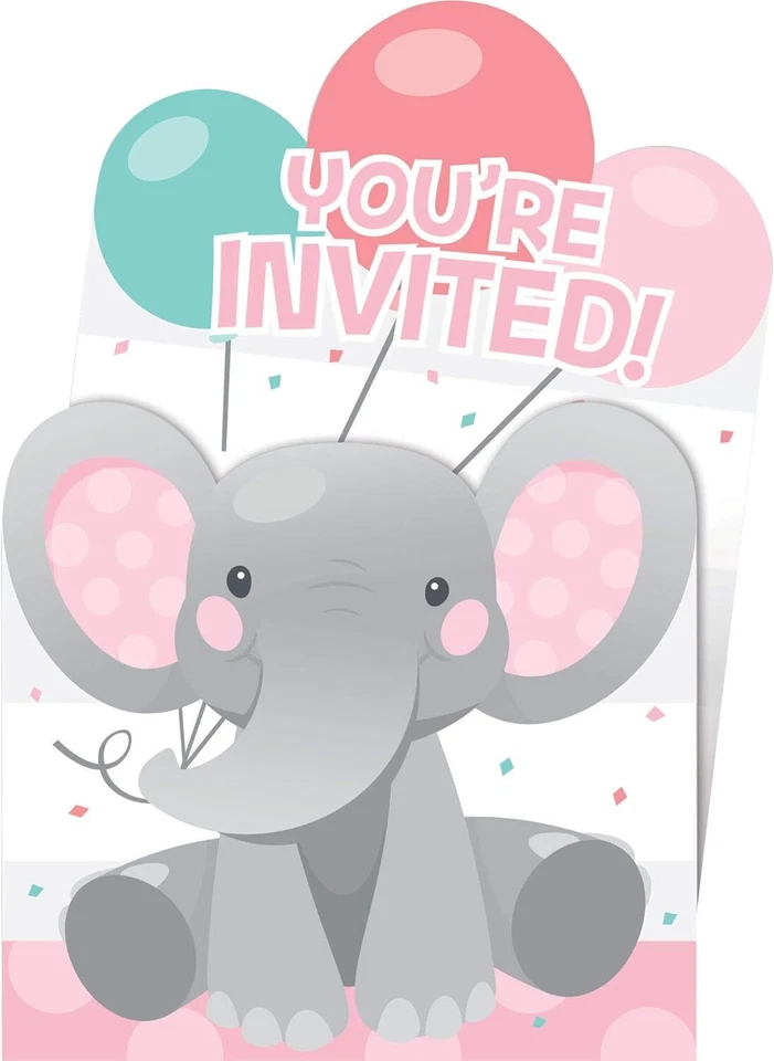 Enchanting Elephants Girl Animal Cute Kids 1st Birthday Party Pop-Up Invitations - Image 1 of 1