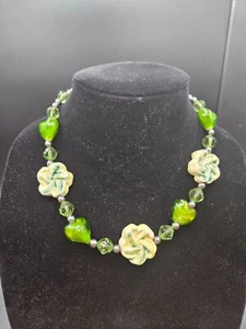 Necklace with Beads, Green Glass Heart Beads w/ Gold Flecks and Glass Flowers - Picture 1 of 7