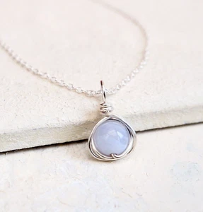 Blue Lace Agate Necklace 925 Sterling Silver Handmade Pendant, Gift Wrapped - Picture 1 of 6