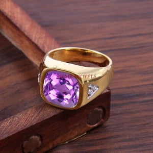 Natürlich Amethyst Edelstein Mit 14K Vergoldet Silber Herren Ring #417 - Bild 1 von 8
