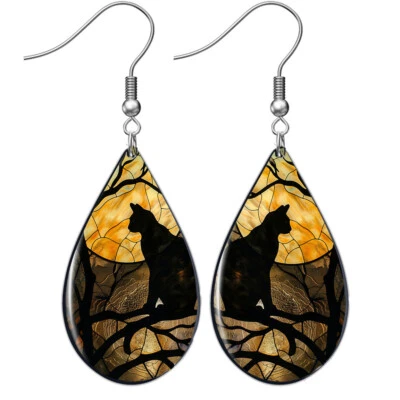 Full Moon Black Cat Teardrop Earrings Dangle Sterling Cat Lover Gift - Image 1 of 4