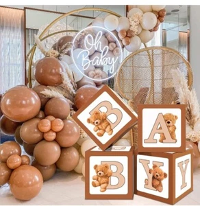 Teddy Bear Baby Shower Boxes Party Decorations - 4 Brown BABY Balloon Boxes... - Picture 1 of 6