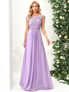 Women's Elegant Maxi Long Lace Cap Sleeve Bridesmaid Dress w/ Color Variations - Picture 1 of 30