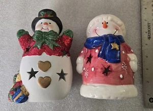 Vintage Christmas Holiday Ceramic Tea Light Snowman Candle Holder with Free One - Picture 1 of 8