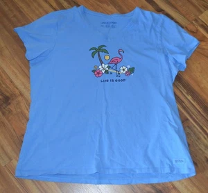 Life Is Good Womens Crusher Tee XXL Blue Flamingo Beach Flowers Palm Tree VNeck - Picture 1 of 6
