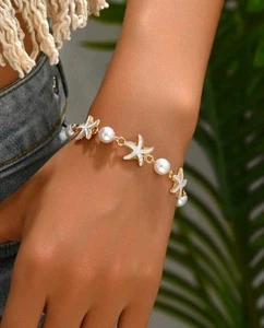 Beach Vacation Metallic Alloy Drip Glaze Starfish Faux Pearl Bracelet - Picture 1 of 4