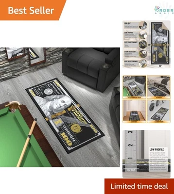 Alfombra Money 22x53 negra y dorada antideslizante resistente a las manchas decoración de interiores Foto 1 de 4