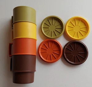 Vintage Tupperware Mugs Set of 4 w/ Lids & Coasters Harvest Colors #1312 #1313 - Picture 1 of 11