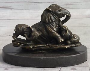 Art Solid 100% Bronze Mother Elephant with Two Calf Babies Bronze Sculpture