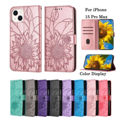 For iPhone 15 14 Pro Max 14 13 12 Pro Sunflower Flip PU Leather Back Case Cover - Image 1 of 4