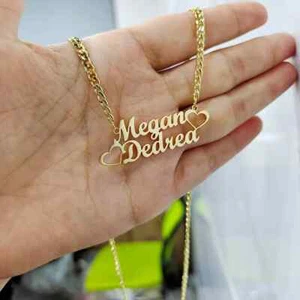 Customized Two Name Necklace Double Heart Pendant Cuban Chain Stainless Steel - Picture 1 of 4