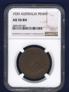 AUSTRALIA GEORGE V 1929 1 PENNY COIN, ALMOST UNCIRCULATED CERTIFIED NGC AU-50-BN - Picture 1 of 2