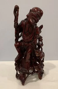 Antique Wood Carved 12" Figurine Chinese Lohan Red Sitting Man w/ Foo Dog Mint! - Picture 1 of 15