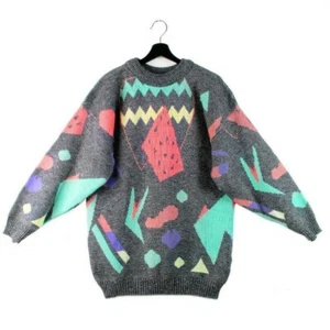 80s 90s Geometric vintage oversized sweater pullover jumper women's S M L XL - Picture 1 of 9