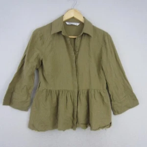 Zara Top Womens Small 10 Green Collar Ruffle Blouse Shirt Raw Hem Flared Flowy - Picture 1 of 13