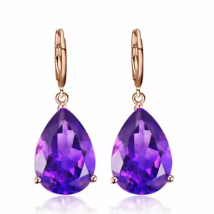 (RG 5) .GORGEOUS AMETHYST TEAR DROP ROSE GOLD LEVERBACK EARRINGS - Picture 1 of 5