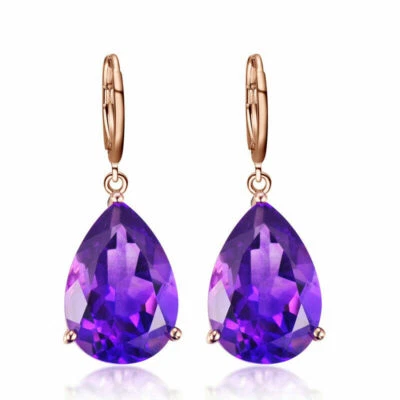 (RG 5)       .GORGEOUS   AMETHYST TEAR DROP ROSE GOLD LEVERBACK EARRINGS - Image 1 of 4