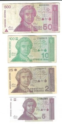 Croatian banknotes 1991. 500 Dinara + 100 Dinara + 25 Dinara + 5 Dinara ! - Image 1 of 2