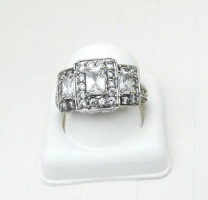 10K White Gold Cubic Zirconia Vintage Filigree Design 3 Stone Ring Estate # J57 - Picture 1 of 4