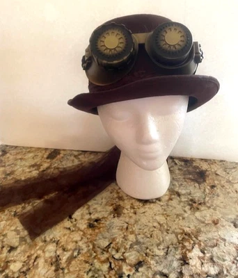 ADULT SPIRIT  STEAMPUNK VICTORIAN BROWN HAT WITH GOGGLES COSTUME ACESSORY NEW - Image 1 of 4