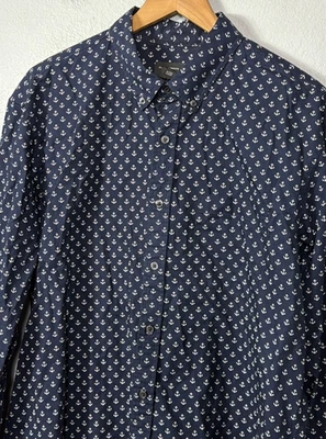 Club Monaco Men's XL Slim Fit Button Down Long Sleeve Anchor Print Navy Shirt - Image 1 of 4