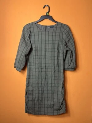 ZARA зеленый хаки чек платье круглый вырез размер L Puff рукава CottageCore - Изображение 1 из 4