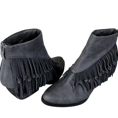 Sbicca Vintage Collection Faux Suede Fringe Block Heel Ankle Boots Size 7 Gray - Image 1 of 4