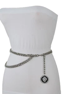 Women Narrow Belt High Waist Silver Metal Chain Lion Hip Hop Charm Buckle XS S M - Picture 1 of 24