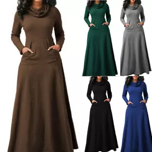 ✿Lässiges Langes Kleid Mit Tasche Für Damen Lange Ärmel Hoher Halsausschnitt. 〒 - Picture 1 of 17