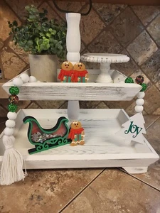 Green Tree Christmas garland, Farmhouse Wooden Bead Rope, tiered tray, - Picture 1 of 5
