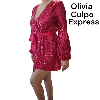 Express Olivia Culpo Hot Magenta wrap Sequin Dress Sz XS with satin tie - Image 1 of 4
