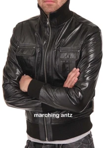 New Soft Real Lambskin Leather Black Bomber Jacket Casual varsity 171 - Picture 1 of 5