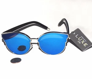 LUXE SUNGLASSES NEW BLUE MIRRORED CAT-3 EYE WOMENS LARGE FASHION  BLACK GOLD - Picture 1 of 1