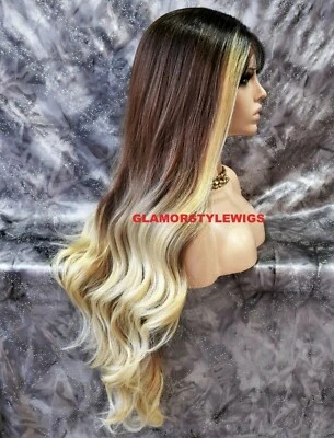 Peluca delantera de encaje mezcla cabello humano 360 partes gratis larga ombre marrón caramelo rubio  Foto 1 de 4
