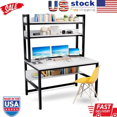 Escritorio de computadora con funda y estantería 3 niveles estantes de almacenamiento oficina en casa blanco nuevo Foto 1 de 4