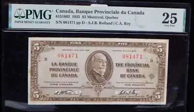 1935  THE PROVINCIAL BANK OF CANADA $5 BILL CURRENCY NOTE Quebec  -BT165 - Image 1 of 4
