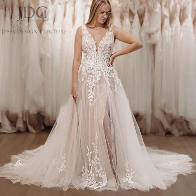 Romantic Straps Leaves Lace Wedding Dress Bridal Gown 2-28W Custom made Split - Image 1 of 4