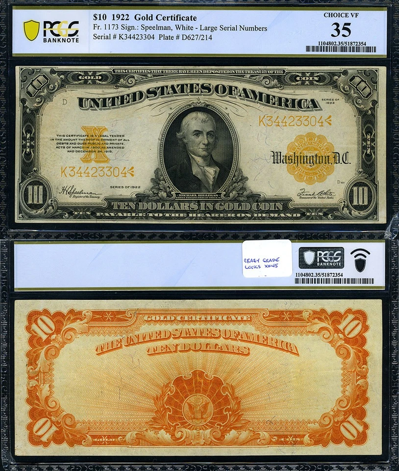 FR. 1173 $10 1922 Gold Certificate PCGS Choice VF35 - MUST SEE - Image 1 of 3