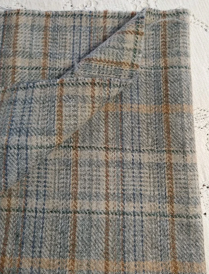 Tan Brown Cream Gray Lightweight Wool Plaid Design Fabric 17" L x 60" W - Image 1 of 4