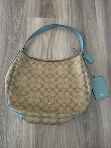 Coach Signature Shoulder Bag Khaki Coated Canvas Cyan Leather F29209 - Picture 1 of 10