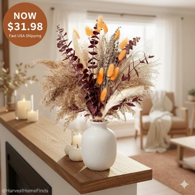 Boho Otoño Flor Seca Ramo Pampa Hierba Otoño Arreglo Floral Decoración del Hogar Foto 1 de 4