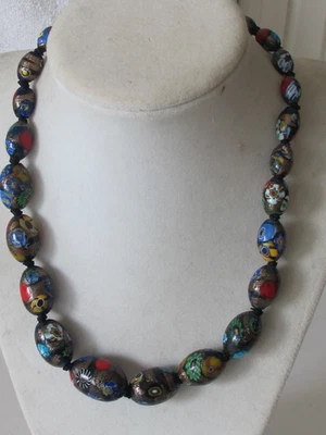 Vtg 14k GF Venetian Murano Millefiori Art Glass oval Bead 16” Choker Necklace B6 - Image 1 of 4