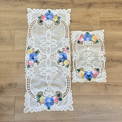 Vintage Embroidered Table Runner & Doily Set | Floral Cutwork Lace Centerpiece - Image 1 of 4