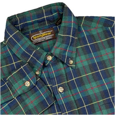 Vintage Sears Mens Flannel Shirt Large Cotton/Polyester Green Plaid Tartan - Image 1 of 4
